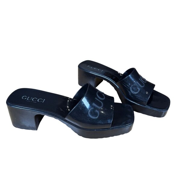 Gucci Rubber Logo Sandals Black PVC Glossy Mule Platform Slide Size 37 - Picture 1 of 10